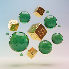 Shamrock symbols on green bubbles and gold dice floating in air St. Patrick's Day