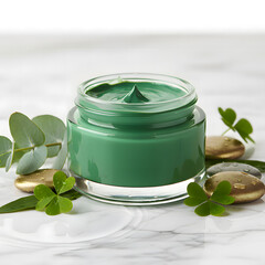 Natural green cream in glass jar with clover leaves and gold stones on marble St. Patrick's Day