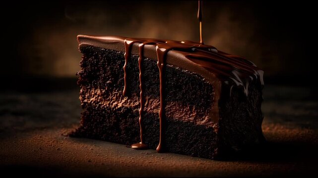 A decadent chocolate cake slice with rich chocolate sauce drizzling on top.