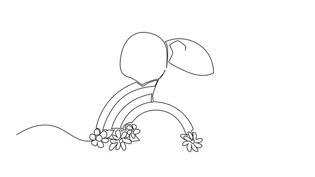 Animation of a cute turtle laying on rainbow with flowers and dreamy. Single line drawing nature concept for animal theme, showing turtle relaxing on a rainbow floral bridge. Full length motion
