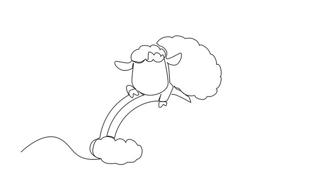 Animation of one line drawing of fluffy sheep perched on a rainbow between clouds, perfect for counting sheep. Cute animal sleeping for nursery wall art and bedtime. Full length motion