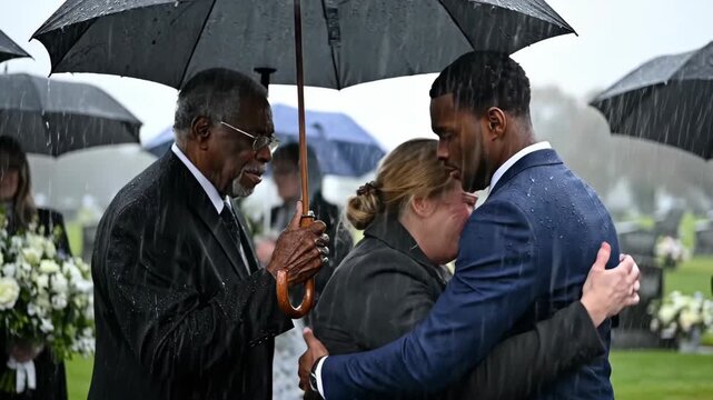 Grieving woman crying at a funeral in the rain. Man comforting a weeping woman while a senior holds an umbrella at a cemetery. Loss and mourning concept