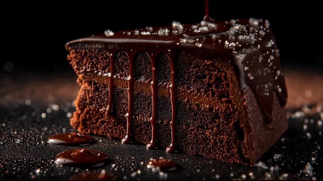 A decadent chocolate cake slice with rich chocolate sauce drips on a dark, indulgent backdrop, viewed from a close-up perspective