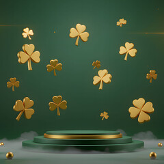 Golden shamrocks floating around a luxurious green podium with shiny gold accents St. Patrick's Day