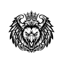 Fototapeta premium The illustration depicts a fierce eagle head with majestic wings and a crown, symbolizing power and freedom in a stark black and white design.