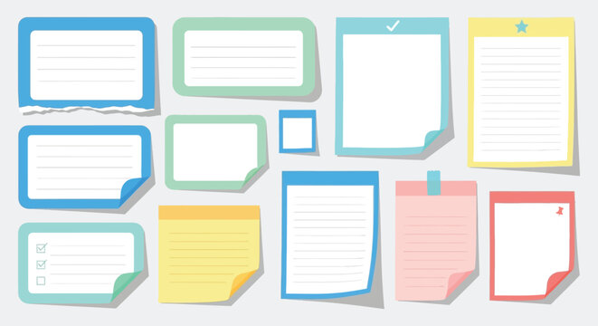 Collection of colorful sticky notes and memo pads with lined paper ideal for design projects on transparent background silhouette high quality