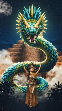Guerrera azteca con traje dorado y majestuosa serpiente emplumada Quetzalc&oacute;atl frente a una pir&aacute;mide bajo la luna