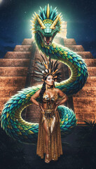Guerrera azteca con traje dorado y majestuosa serpiente emplumada Quetzalc&oacute;atl frente a una pir&aacute;mide bajo la luna