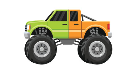 A colorful cartoon monster truck with a split design featuring large tires and a distinct silhouette on transparent background high quality © mrvect02