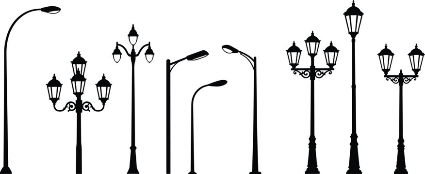 Street lamp silhouettes collection, modern and vintage lantern designs, urban lighting fixtures with ornate and simple styles for architecture, cityscape, outdoor elements, flat vector illustration