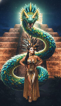 Guerrera azteca con traje dorado y majestuosa serpiente emplumada Quetzalc&oacute;atl frente a una pir&aacute;mide bajo la luna