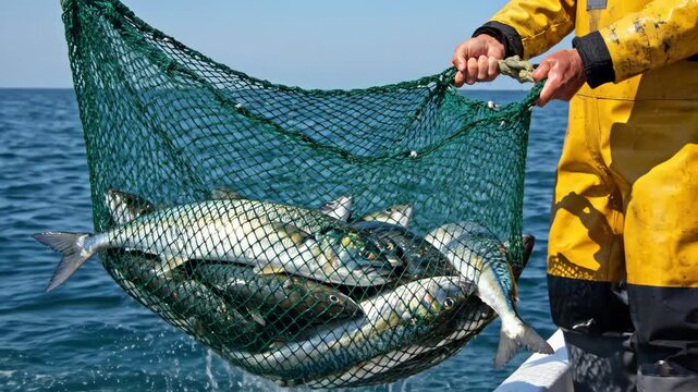 Fisherman hauling a heavy net full of fresh fish from the ocean. Commercial fishing industry catch in slow motion. Hands in yellow waterproof gear lifting a green mesh net