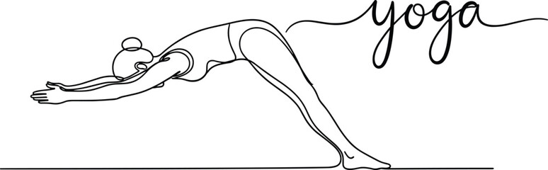 Yoga pose silhouette illustration, downward dog position, mindfulness exercise art, fitness and wellness design for meditation, balance, flexibility practice elements, flat vector illustration