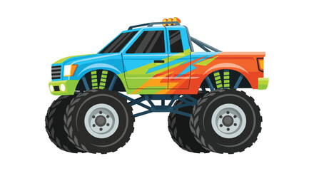 A colorful cartoon illustration of a monster truck with large tires and a striking design on transparent background silhouette high quality © mrvect02