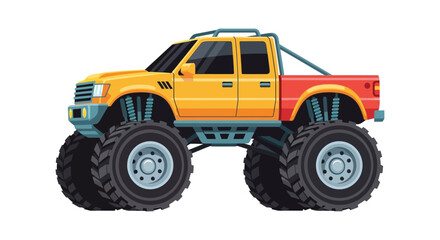A colorful cartoon illustration of a large monster truck with oversized tires on transparent background silhouette high quality professional detailed modern © mrvect02