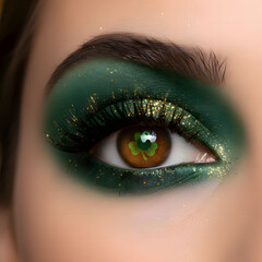 Stunning green eye makeup with golden glitter and shamrock detail St. Patrick's Day
