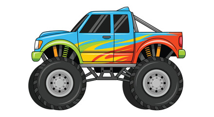 A vibrant cartoon illustration of a monster truck with colorful flames ideal for designs on transparent background silhouette high quality professional © mrvect02