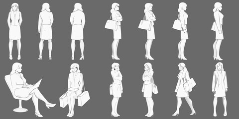 Fototapeta premium Fashion figures in various poses and outfits a style guide illustration