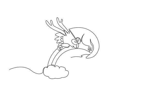 Animated self drawing of single line drawing of mythical dragon curled up and sleeping a top rainbow arch with clouds. Nature concept for cute fantasy creatures. Full length single line animation