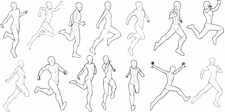 Dynamic human figures in various running and jumping poses sketch style
