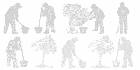 Obraz premium Silhouettes of gardeners tending to plants and working in the garden