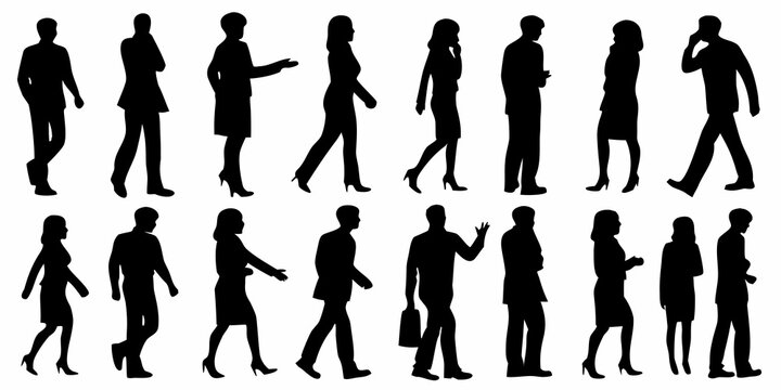 Silhouettes of business people in various poses and formal attire
