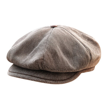 A stylish gray flat cap made from textured fabric on transparent background
