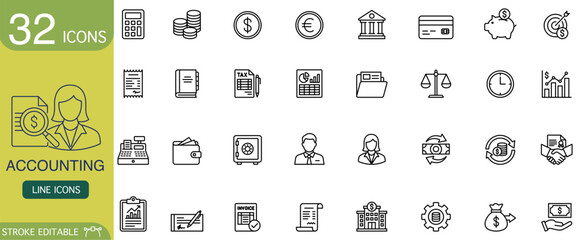 Collection of professional accounting line icons featuring finance symbols like bank calculator and money bag for business application. Set contains stroke editable vector elements minimal style