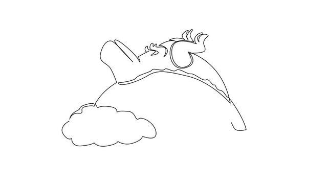 Self drawing animation of single line drawing of cute t rex sleeping in a supine position on the rainbow for the nature concept. Unique artwork fantasy prehistoric dinosaurs. Full length animated