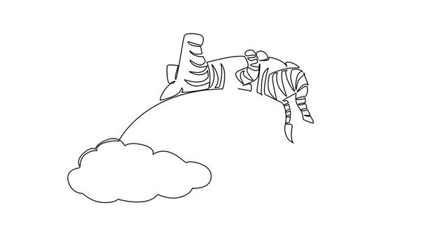 Animation of one line drawing of cute adorable zebra sleeping in a supine position on the rainbow. Unique artwork, wild mammal resting above the clouds. Nature concept wildlife. Full length motion