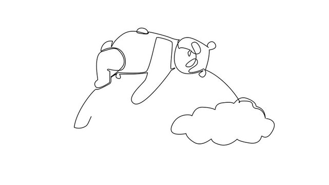 Animated self drawing of continuous line drawing of lovable fluffy giant panda bear napping in supine position on vibrant rainbow arc resting between two white clouds. Full length one line animation