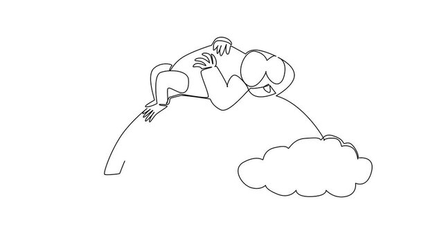Animation of single line drawing of peaceful strong baby gorilla napping comfortably in supine position on vibrant rainbow arch situated between two soft clouds. World Gorilla Day. Full length motion