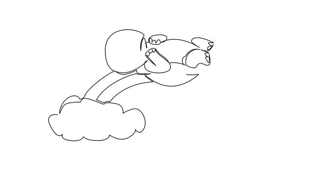 Animation of single line drawing of slow and steady tortoise napping supine on its back on a rainbow with fluffy soft clouds. Nature concept reptile theme for World Turtle Day. Full length motion