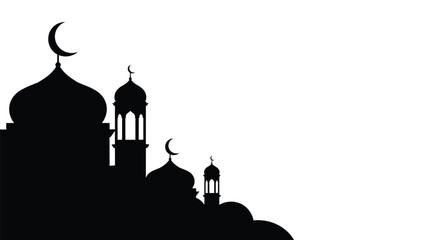 Mosque Silhouette with Crescent Moon on Domes against White Background © JamalStock