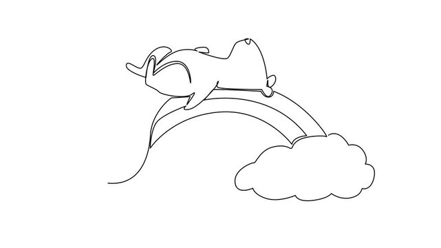 Animation of single line drawing of adorable bushy tailed squirrel sleeping supine on rainbow. Nature concept illustration depicts a woodland. Cute design for rodent pet club logo. Full length motion