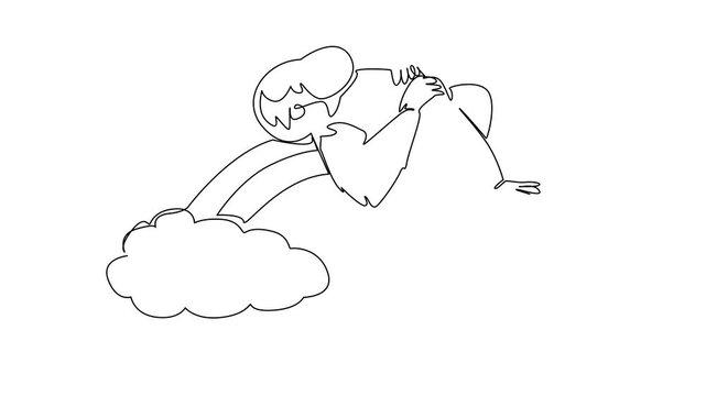 Animated self drawing of single line drawing of cute shaggy bornean orangutan sleeping supine on rainbow. International Orangutan Day. Cute design for species campaign. Full length one line animation