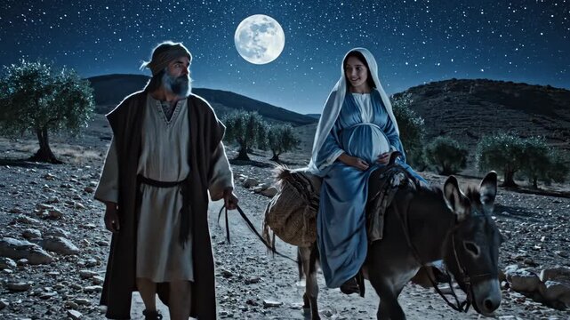 The biblical journey to Bethlehem for the Nativity. Pregnant Mary rides a donkey while Joseph leads the way under a full moon. A cinematic reenactment of the Christmas story