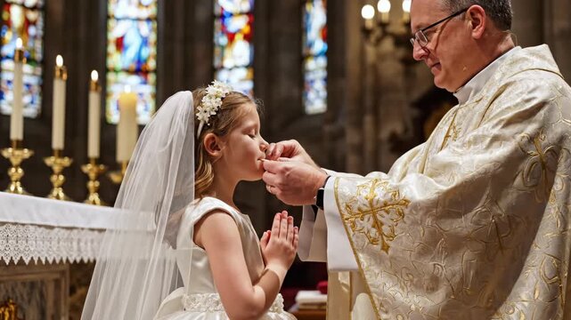 Priest giving First Communion to a young girl inside a church. Child receiving the Eucharist sacrament during a Catholic mass. Religious ceremony and faith concept