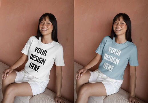 Mockup Of Woman Wearing Customizable T-Shirt On Couch
