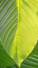 Close-Up of Green Leaf with Sunlight and Veins