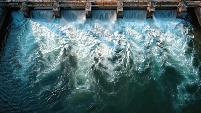 Water flows powerfully over a dam in a vibrant display of nature's force at sunset