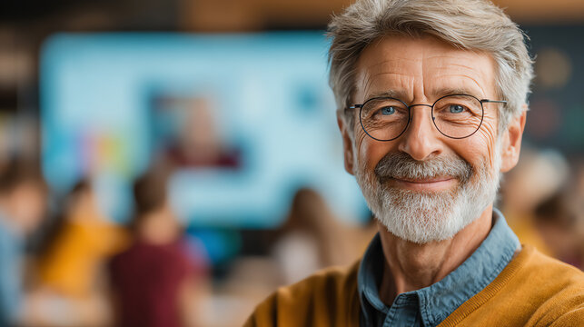 A smiling senior man in glasses exudes confidence and wisdom in a modern workspace, embodying experience and teamwork.