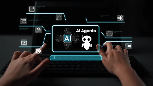 Hands Using Laptop with AI Agents Concept, Digital Interface with Virtual Elements for Technology and Innovation Themes in Modern Work Environments Gluon.