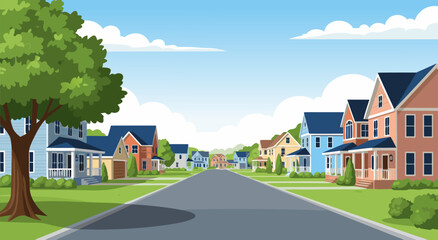 Charming Suburban Neighborhood Street Scene A Vibrant Vector Illustration of Residential Homes and Greenery © Purnomo Semlirick