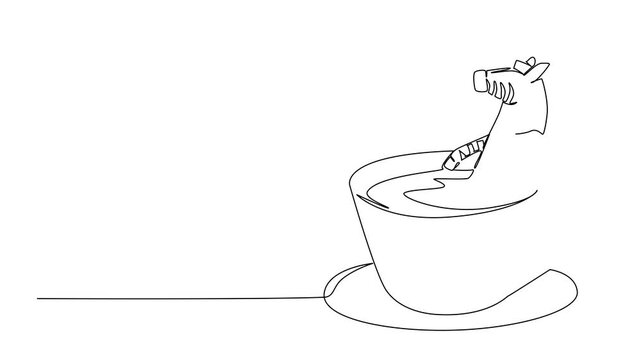 Animation of single line drawing playful zebra shows cute safari animal soaking in coffee cup for nature concept. Unique design features the striped wild Africa creature. Full length motion
