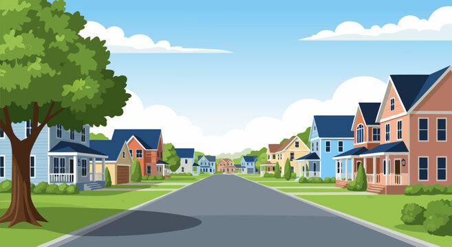 Charming Suburban Neighborhood Street Scene A Vibrant Vector Illustration of Residential Homes and Greenery