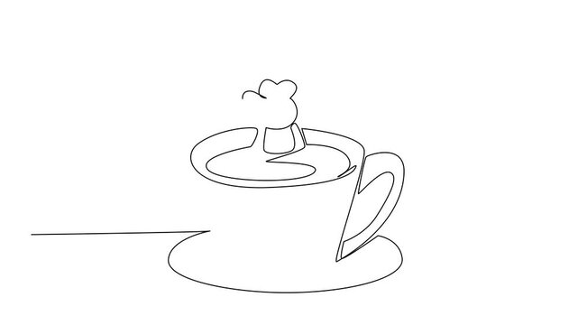 Self drawing animation of single line drawing of cute monkey playful animal soaking in coffee cup. Minimalist adorable ape design represents an international cafe day theme. Full length animated