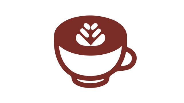 A minimalist black line icon of a matcha latte with a leaf design on top on a white background