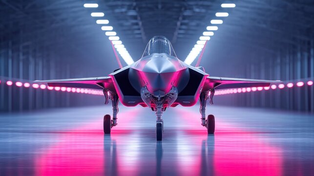 An F-35 fighter jet is dramatically lit up in a hangar, showcasing its sleek form and design.