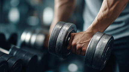 Fototapeta premium A man's hand holding a dumbbell in a gym setting with weights
